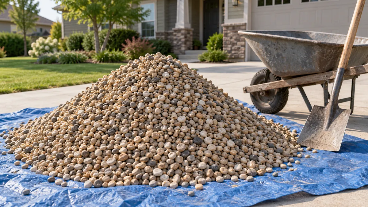 A pile of pea gravel on a tarp beside a wheelbarrow and shovel