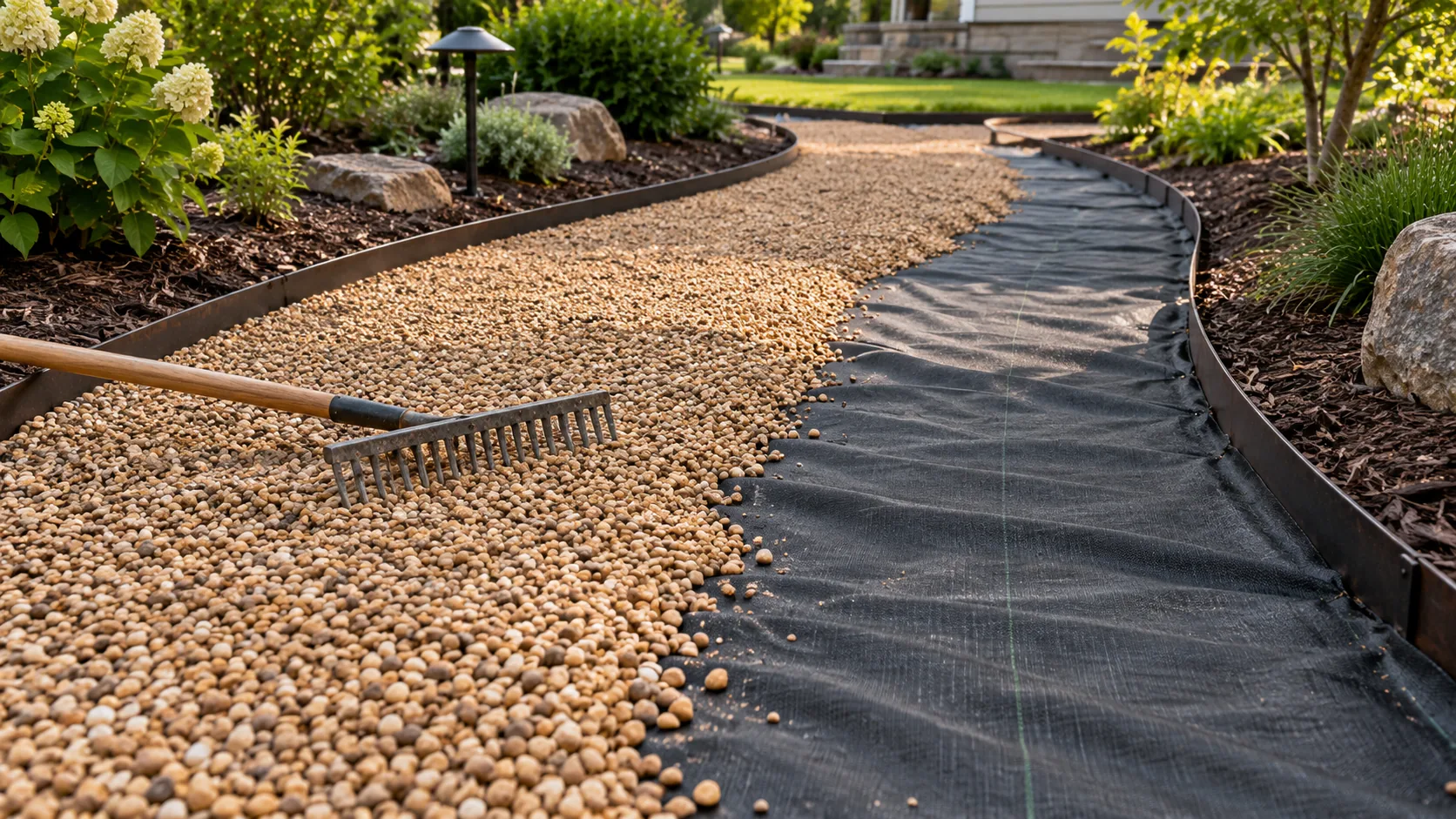 Pea gravel being raked level over black landscape fabric inside steel edging