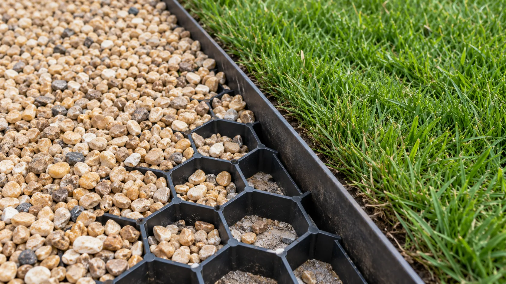 Steel edging and a honeycomb stabilizer grid holding pea gravel