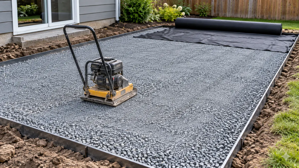 A compacted crushed stone base ready for pea gravel