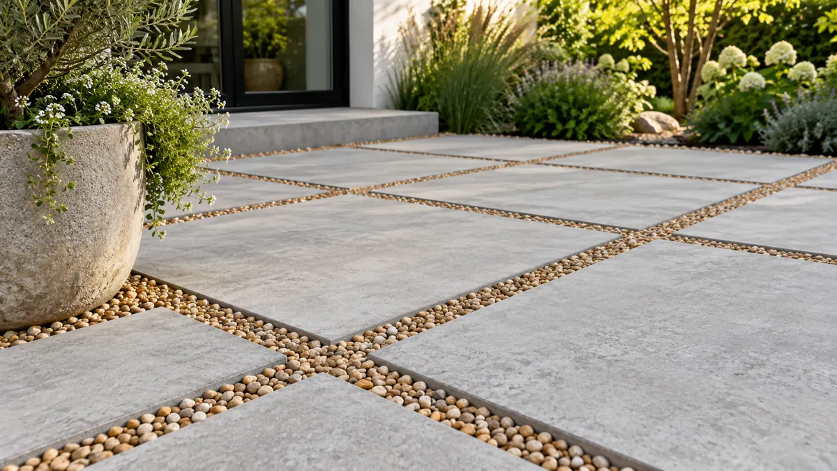 Large concrete pavers with pea gravel in the joints