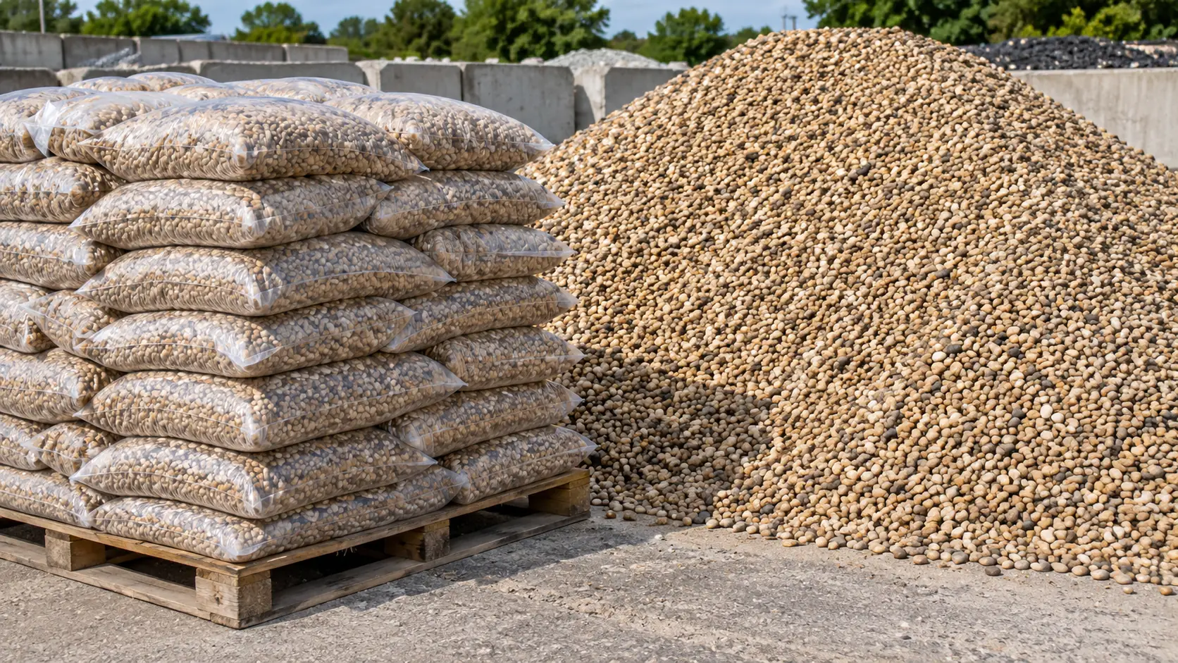 Bagged pea gravel on a pallet next to a loose bulk pile