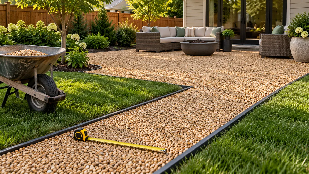 A backyard pea gravel patio and path with a tape measure and wheelbarrow nearby