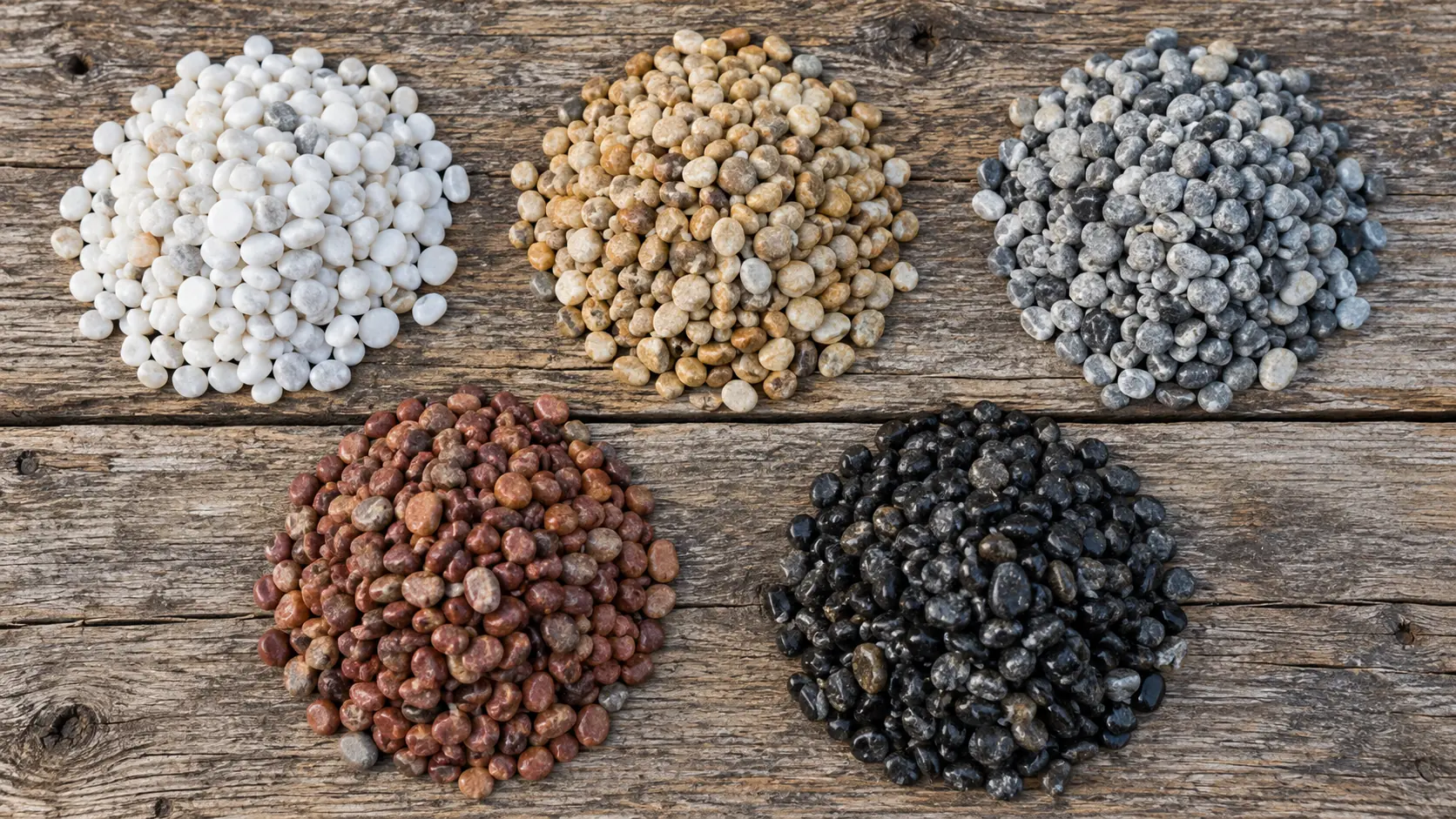 Five piles of pea gravel in different natural colors side by side