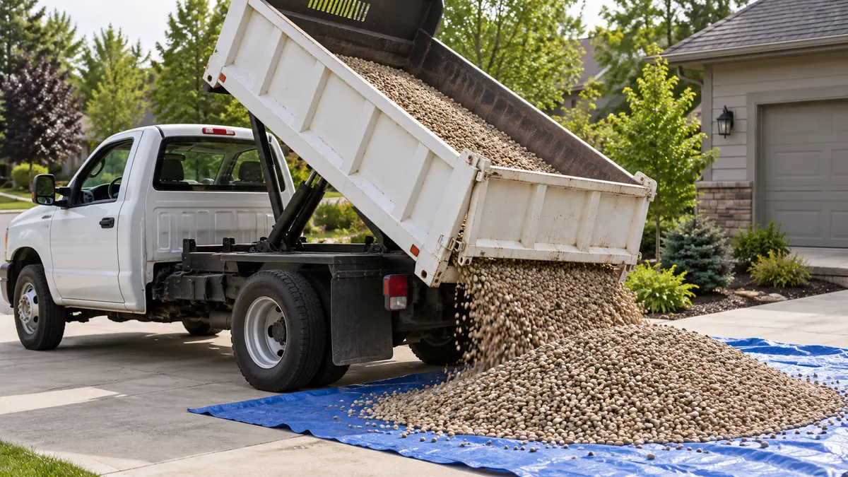 A dump truck tipping pea gravel onto a driveway