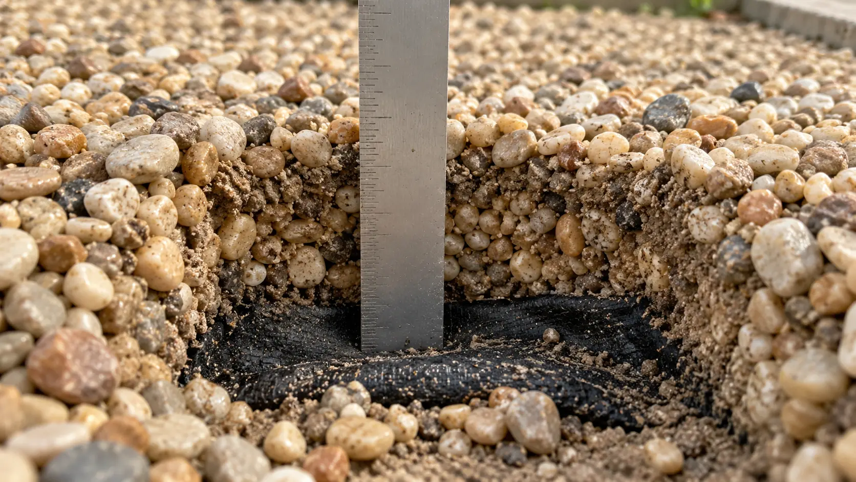 A ruler pushed into pea gravel showing a depth of about three inches
