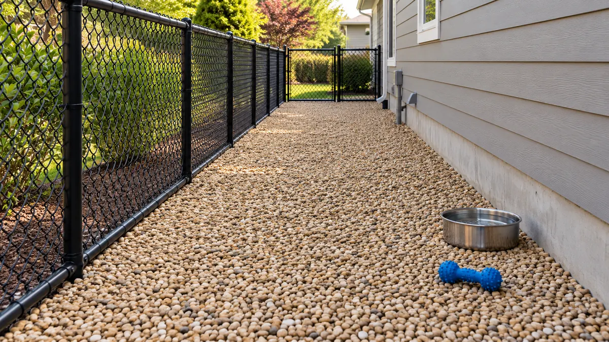 A fenced dog run surfaced with pea gravel