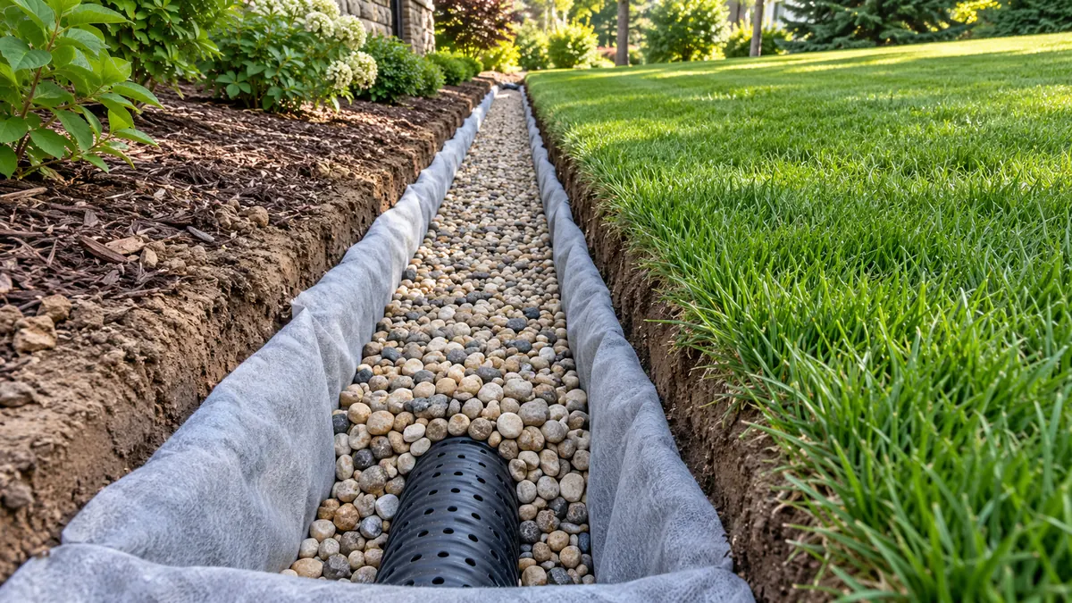 An open drainage trench filled with pea gravel along a lawn