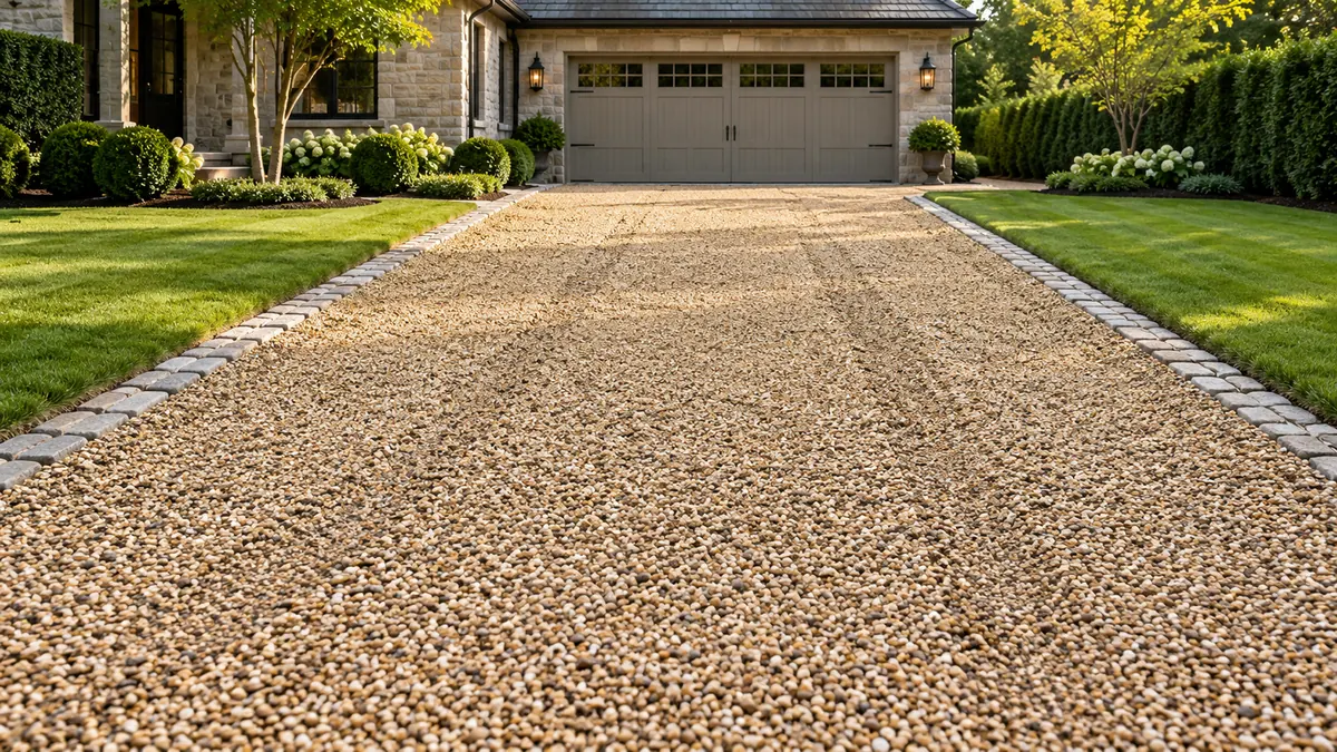 A residential driveway surfaced with pea gravel