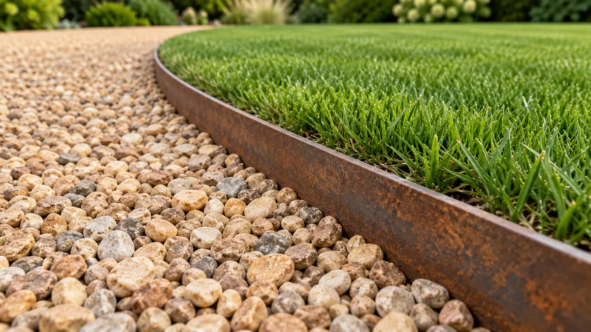 Steel edging separating pea gravel from a lawn