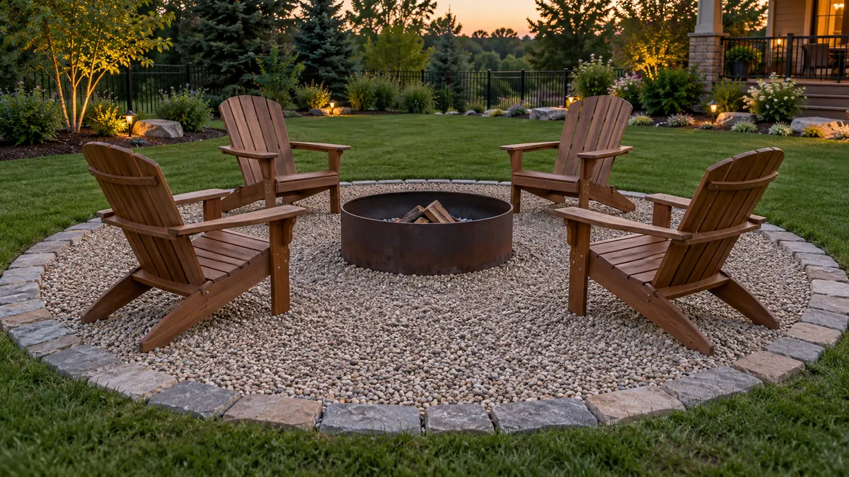 A round fire pit area surfaced with pea gravel