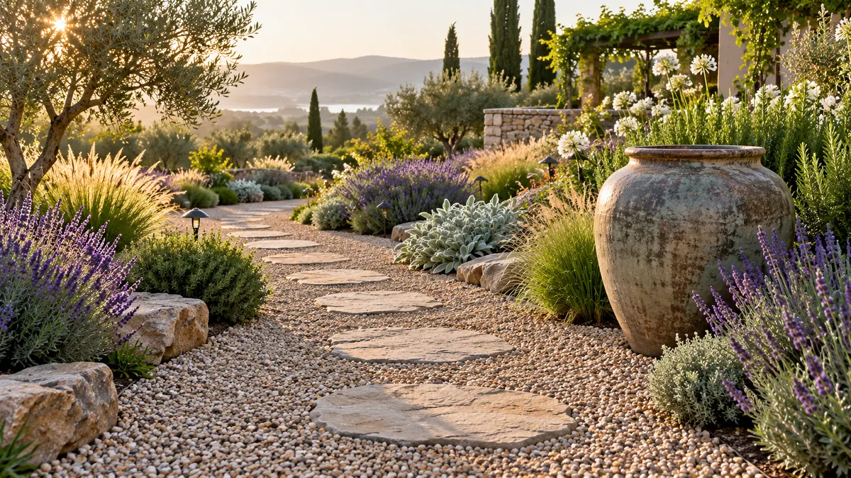 A garden with a curved pea gravel path, stepping stones and ornamental grasses