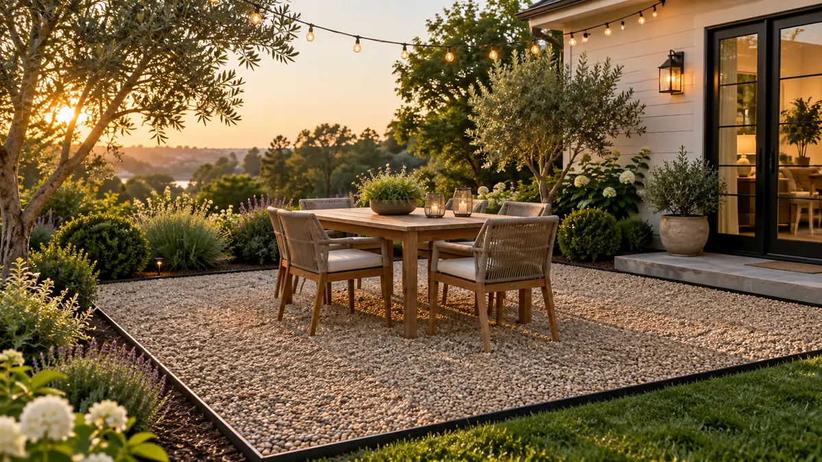 A pea gravel patio with a table and chairs