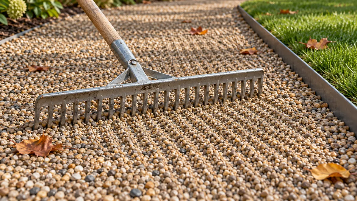A landscape rake smoothing a pea gravel path