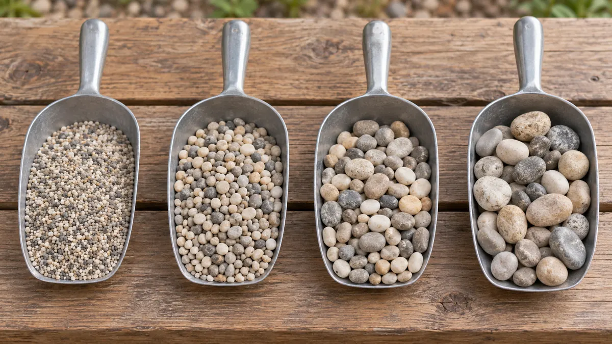 Four scoops of pea gravel in different sizes
