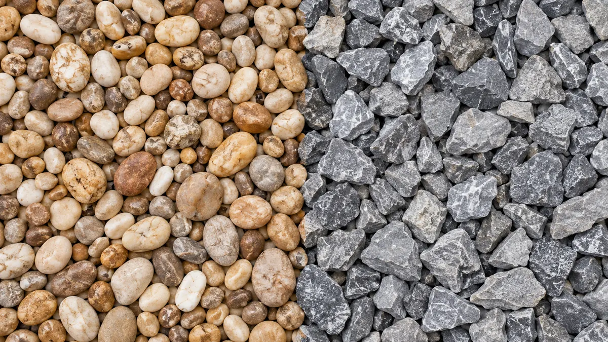 Rounded pea gravel next to angular crushed stone