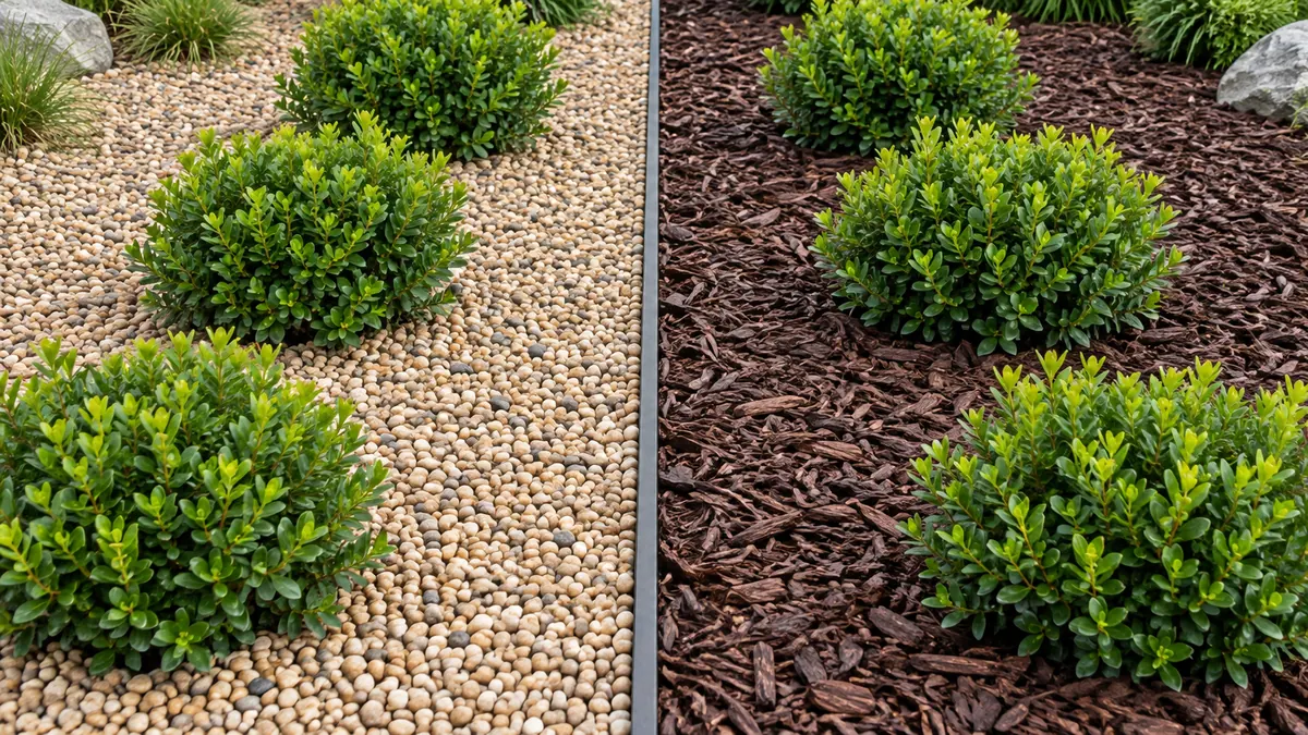 A garden bed split between pea gravel and bark mulch