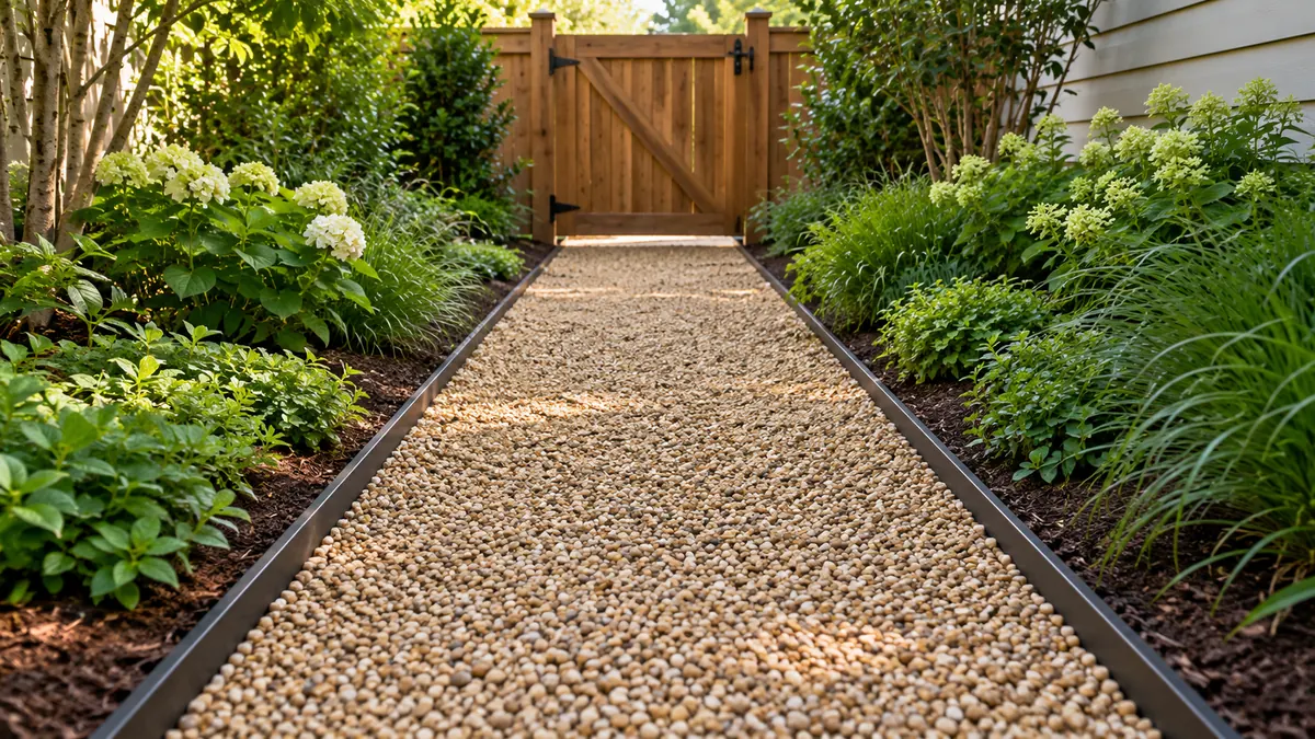 A straight pea gravel garden path with steel edging
