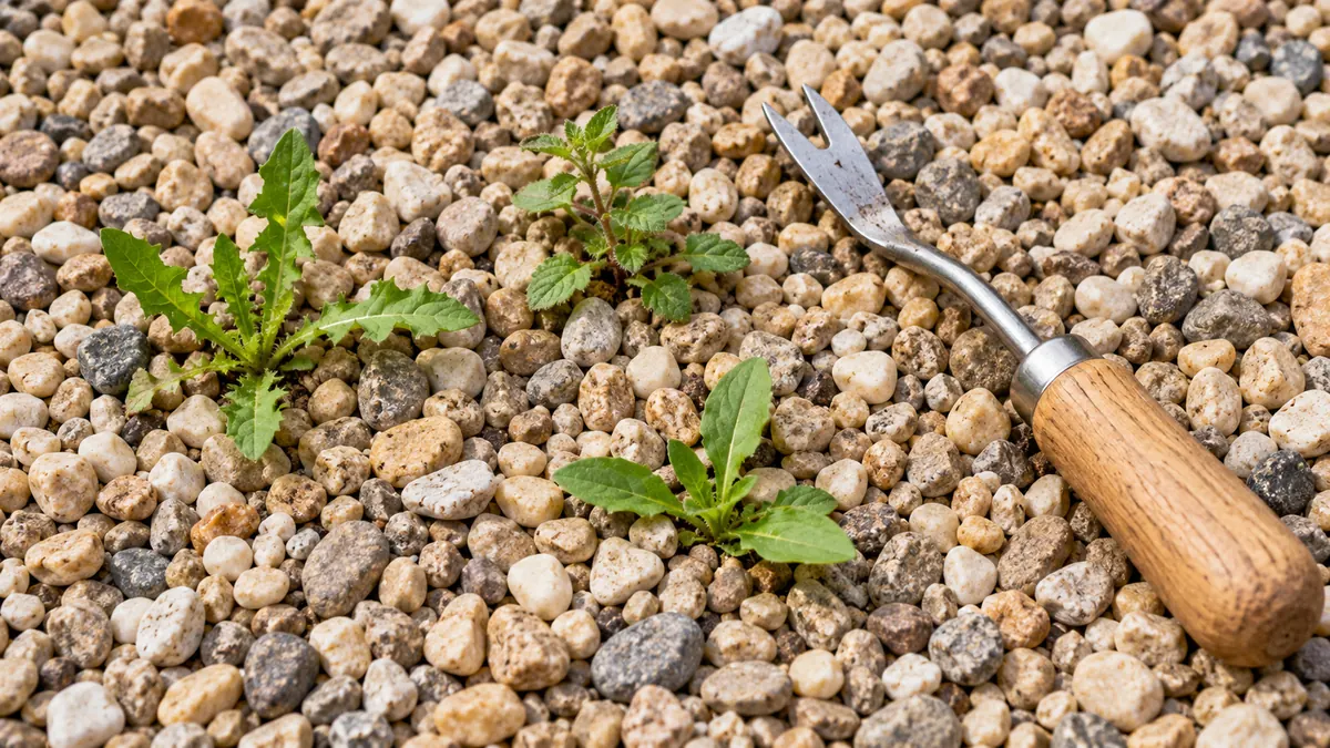 A few weeds growing through a pea gravel surface