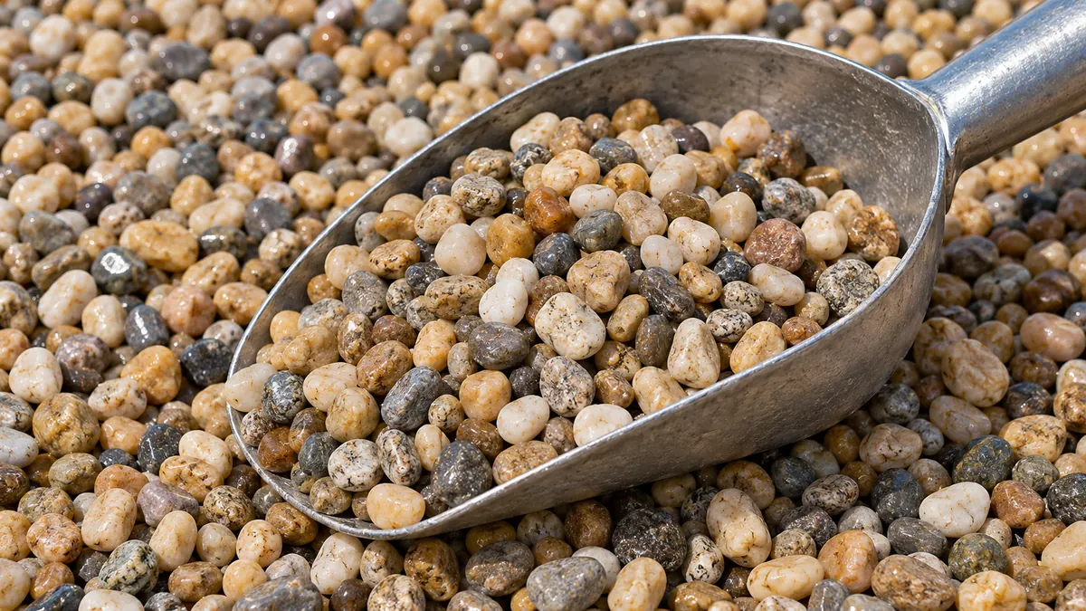 A scoop of pea gravel showing its rounded shape and size